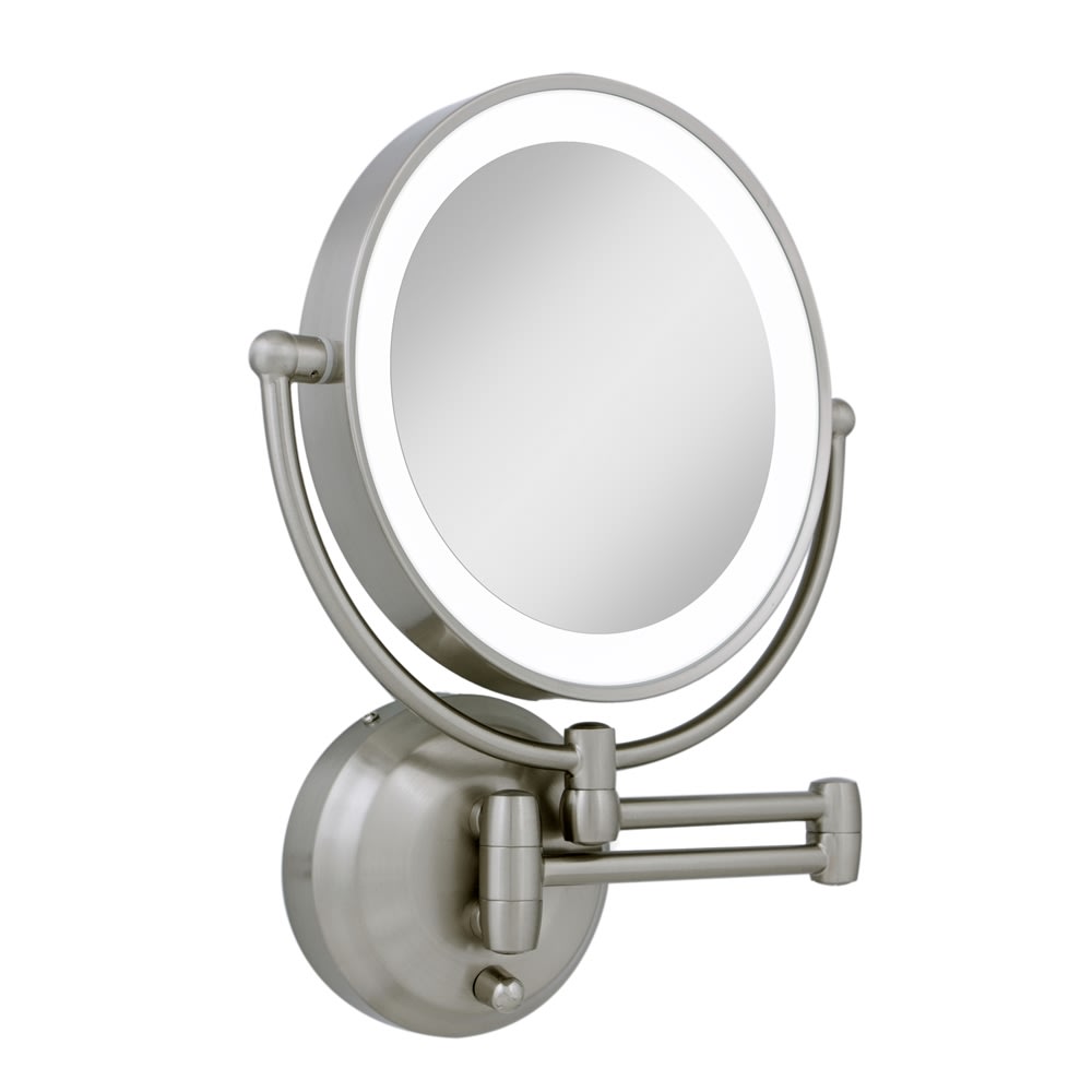 Cordless LED Lighted Round Wall Mount Mirror, Dual-Sided Magnification, Satin Nickel Finish Cordless LED Lighted Round Wall Mount Mirror, Dual-Sided Magnification, Satin Nickel Finish
